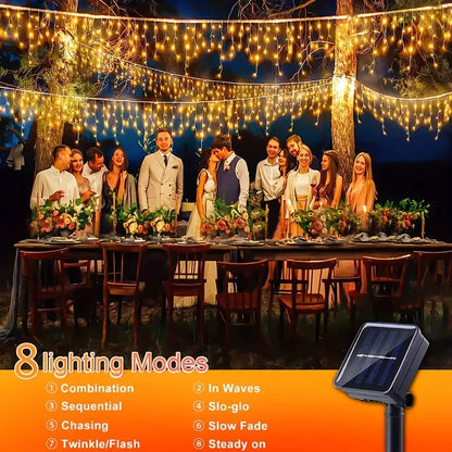 NEW Solar Christmas Icicle Lights 162/96 LED 8 Modes Waterproof Curtain String Lights for Outdoor Garden Room Holiday Lighting